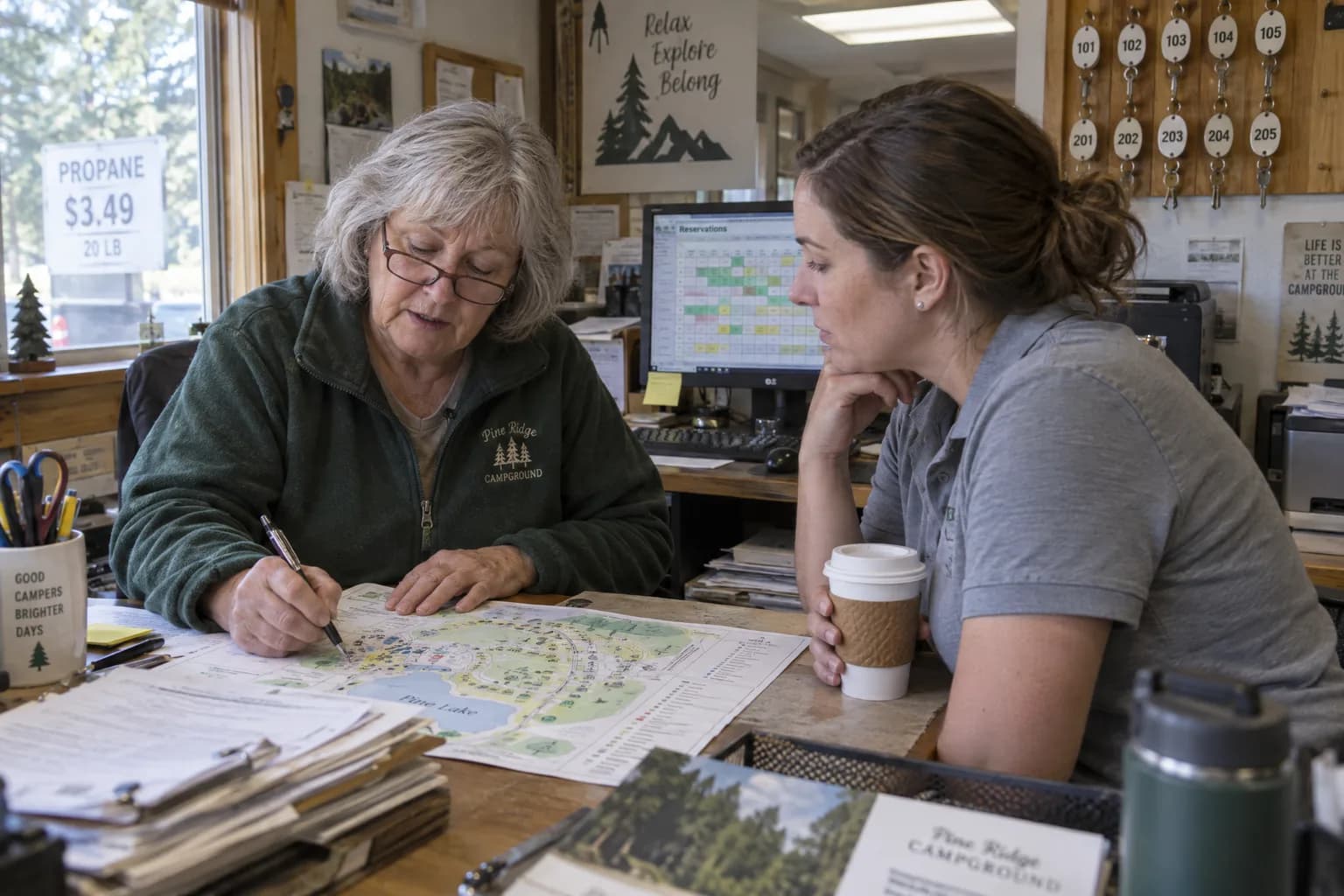 An owner with reading glasses marks up a printed site map at the front desk while a younger colleague listens, coffee in hand