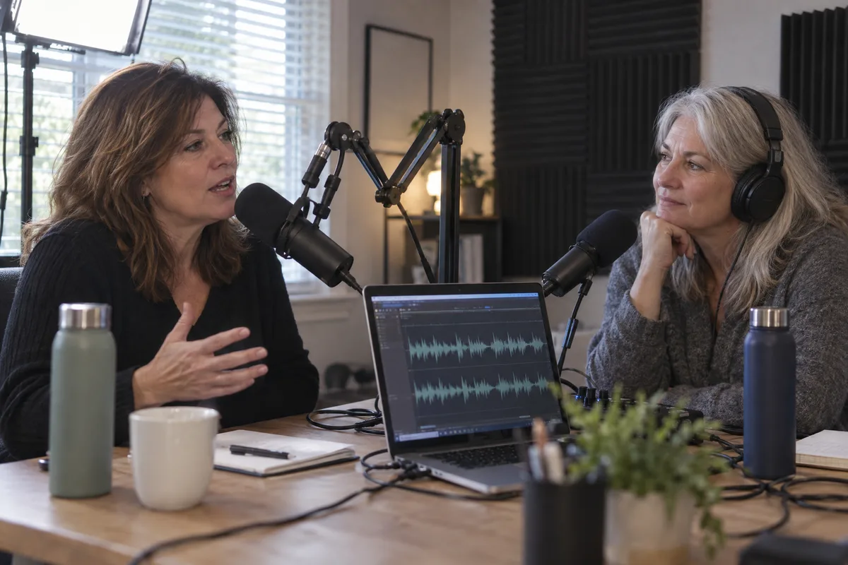Two women at a desk recording a podcast in a small studio, one speaking into the microphone, the other listening in headphones