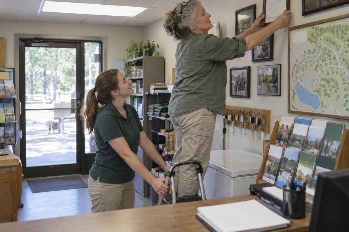 A manager on a step ladder hangs a framed certificate on the office wall while a young staff member steadies the ladder