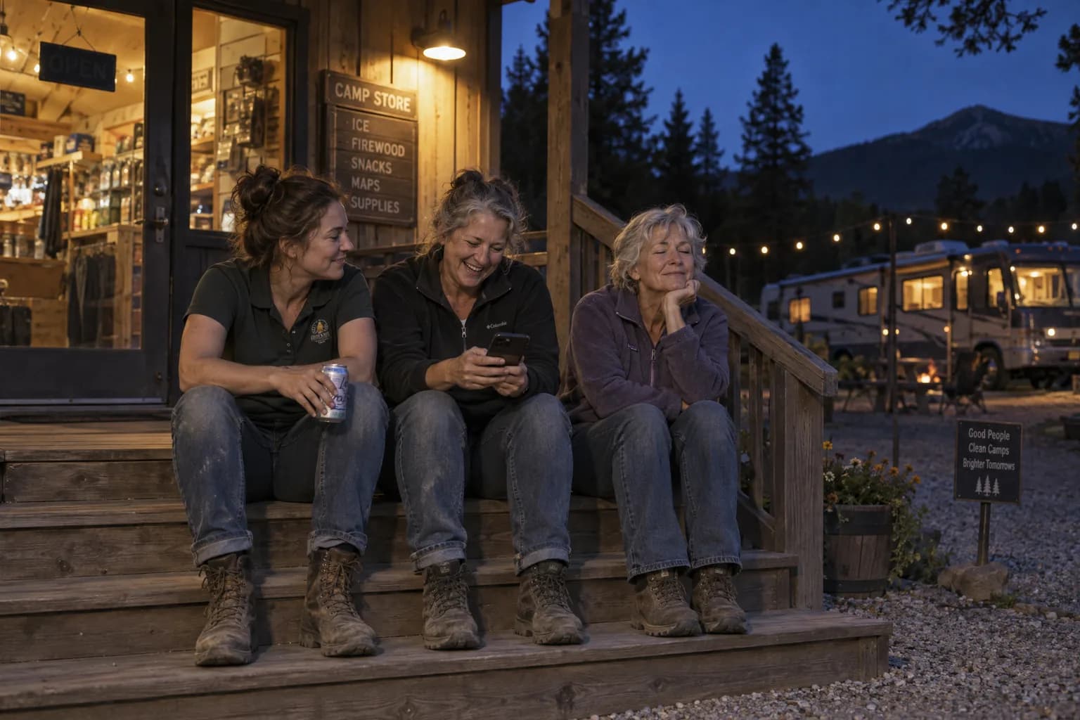 Three women of different ages sit on the camp store steps at blue hour, laughing at something on a phone, a motorhome lit behind them