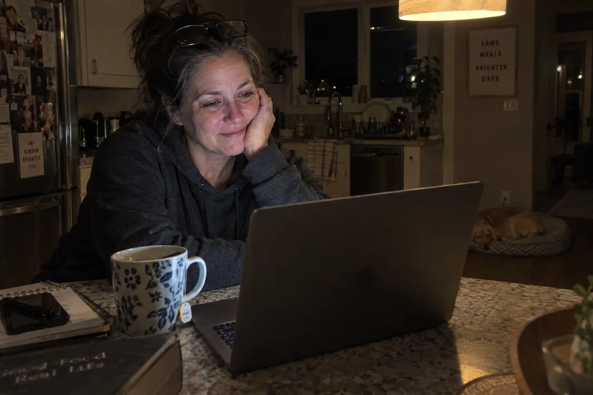 A woman at her kitchen counter at night, chin in hand, smiling at a video call on her laptop, a mug beside it