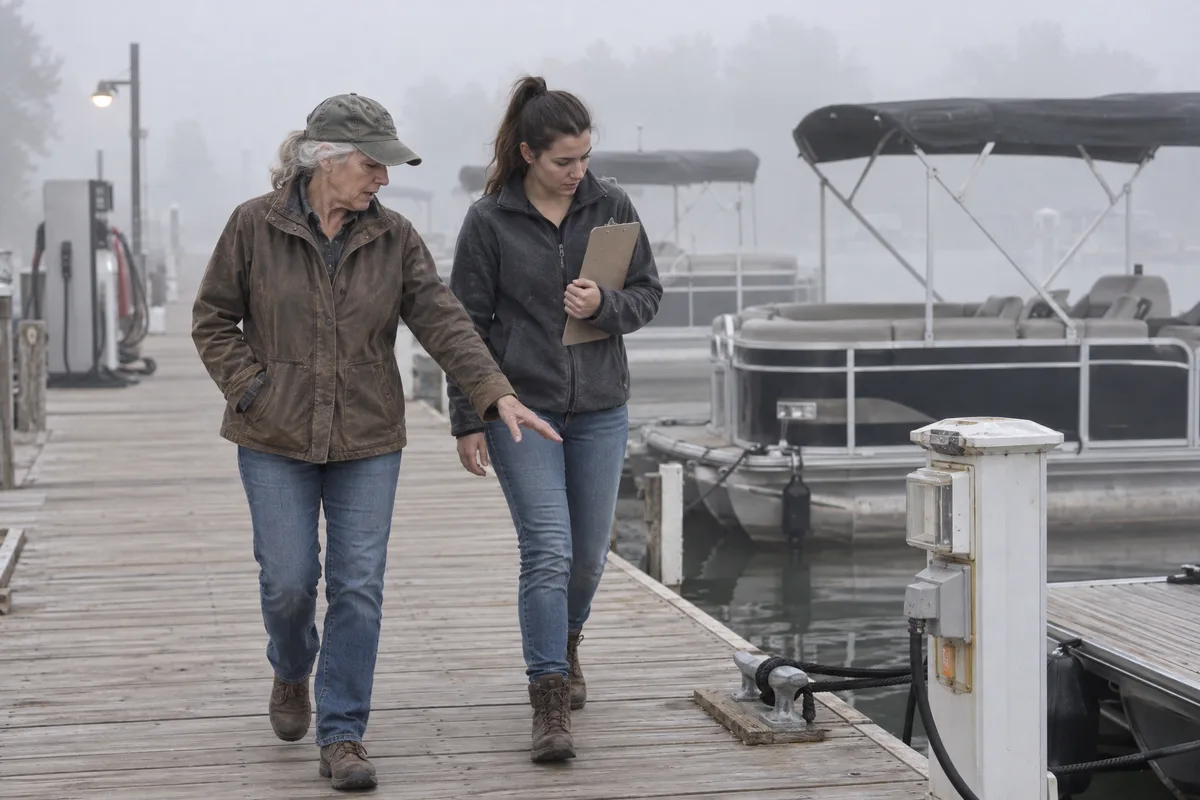 An older woman in a cap and canvas jacket walks a foggy marina dock with a younger colleague carrying a clipboard