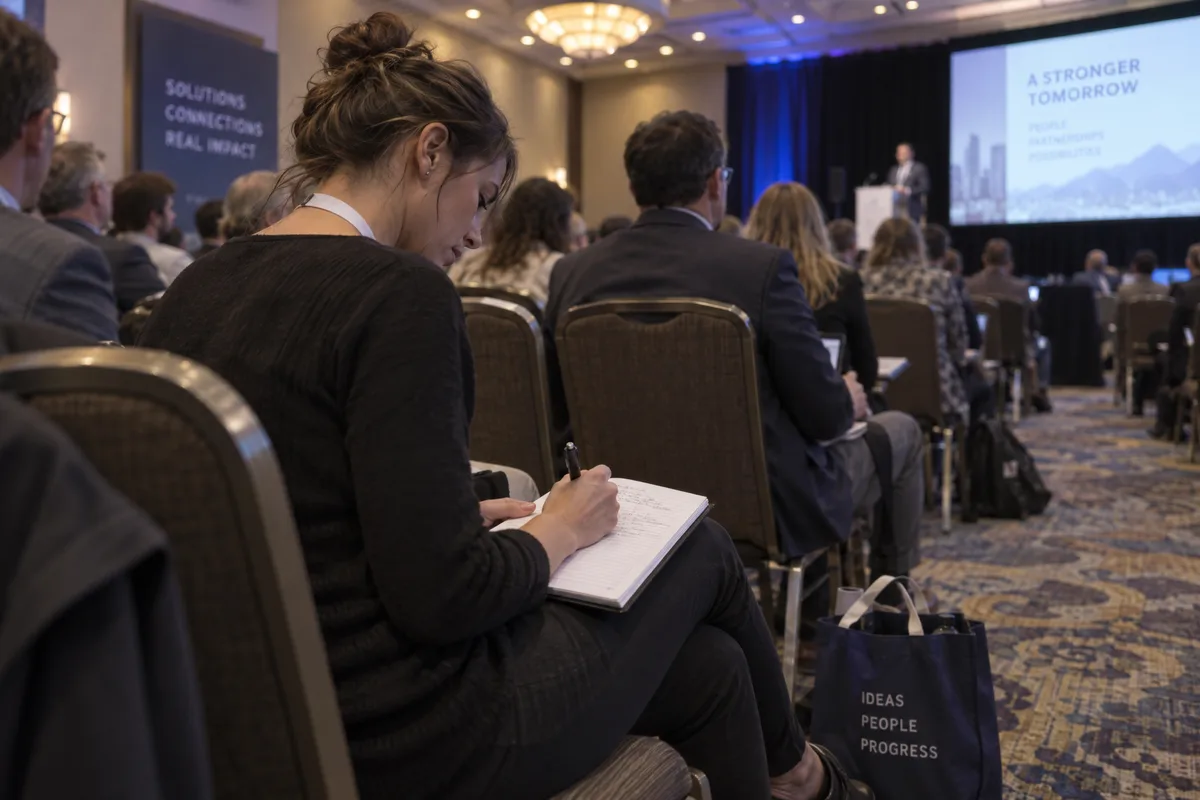 A woman in an aisle seat of a conference hall writes notes on her knee, a lanyard around her neck, the session on screen behind her
