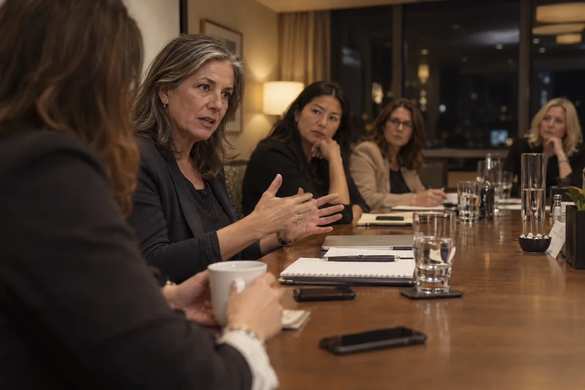 Women around a long table in a hotel meeting room at night, one of them mid-sentence with her hands up, the others listening